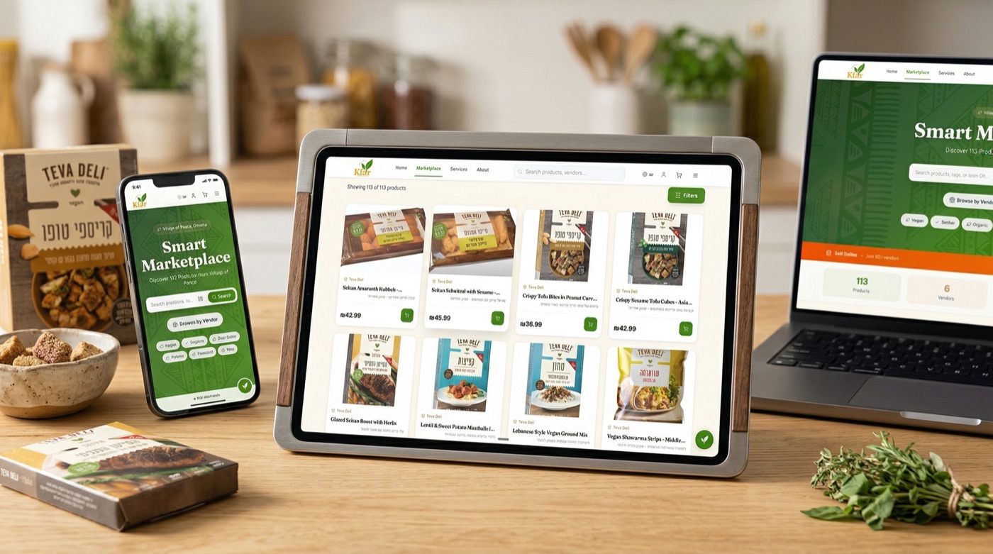 Kfar Marketplace multi-device product grid with Teva Deli vegan products
