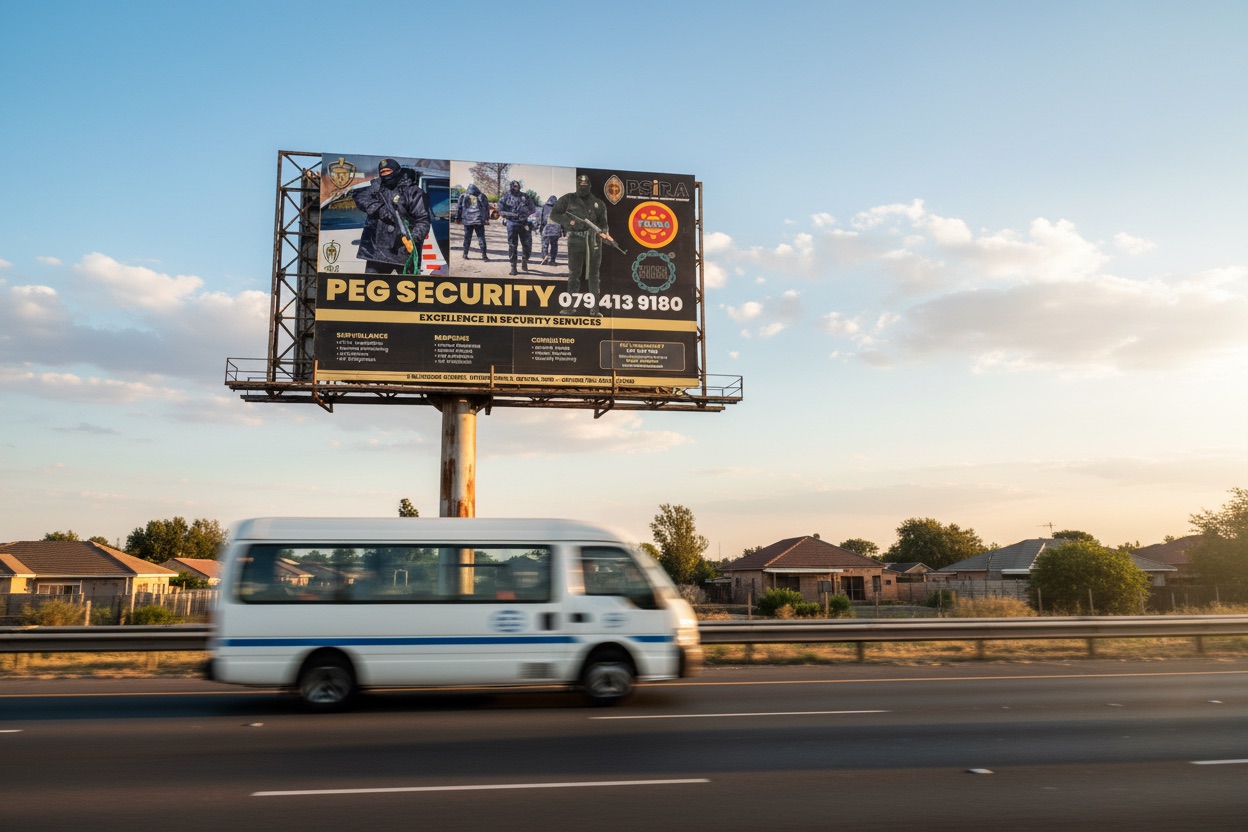 PEG Holdings highway billboard at dusk