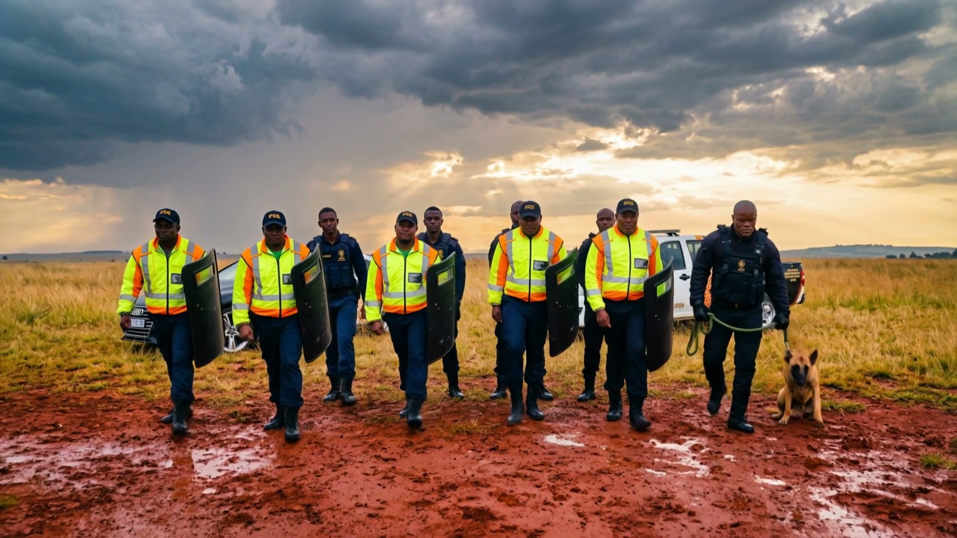 PEG Security promo video hero still - full team formation at golden dawn with K9 and fleet